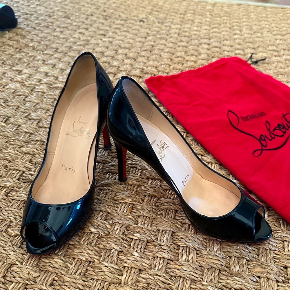 Christian Louboutin Glossy Black Peep-Toe Heels